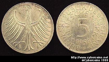 Germany, 1958F,     5 marks,  AU, KM112.1