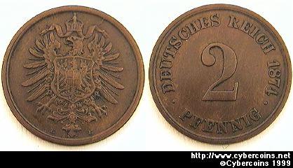 Germany, 1874E,   2 pfennig, XF, KM2