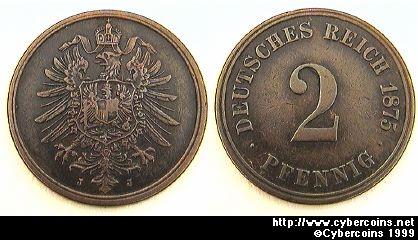 Germany, 1875J,  2 pfennig,  XF+, KM2
