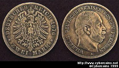 Prussia, 1876A, 2 marks, VF, KM506  - silver .900