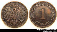 Germany, 1891F,  1 pfennig, RT AU, KM10