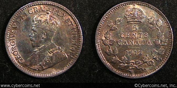 1912, Canada 5 cent, KM22, UNC.