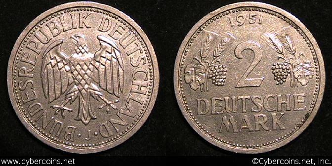 Germany, 1951J, 2 marks, XF/AU, KM111.