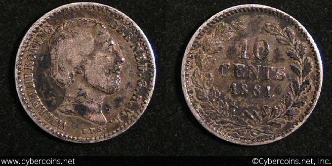 Netherlands, 1881 dot, 10 cent, VF/XF, KM80