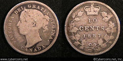 1887, Canada 10 cent, KM3, VG. Fairly even