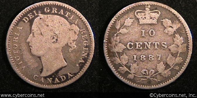 1887, Canada 10 cent, KM3, VG. Fairly even
