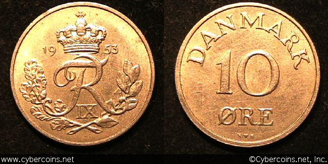 Denmark, 1953, 10 ore, UNC, KM841.1 - even