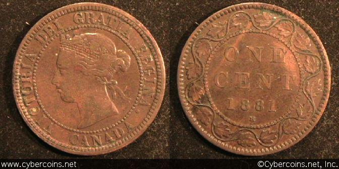1881H, Canada cent, KM7, VF. Exact coin imaged