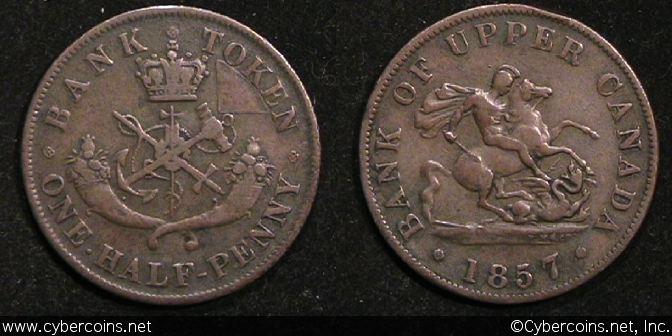 Upper Canada, 1857, 1/2 Penny, KMtn2, VF.