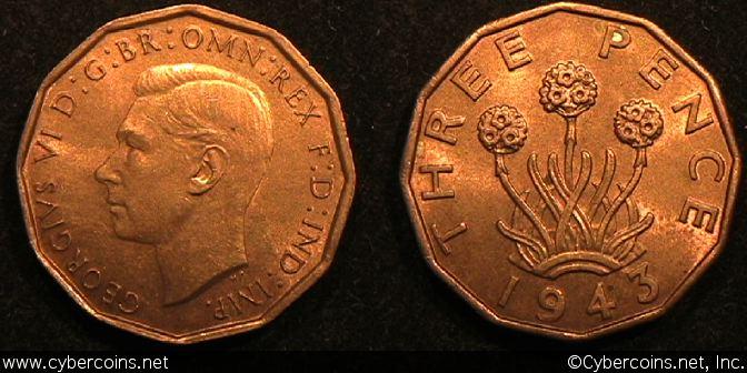 Great Britain, 1943,  3 pence, UNC, KM849