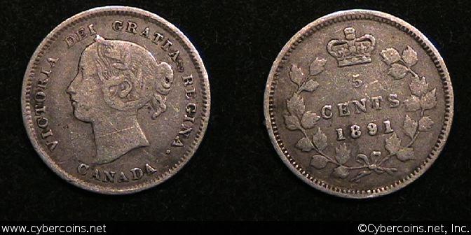 1891, Canada 5 cent, KM2, VF. Porous. Exact