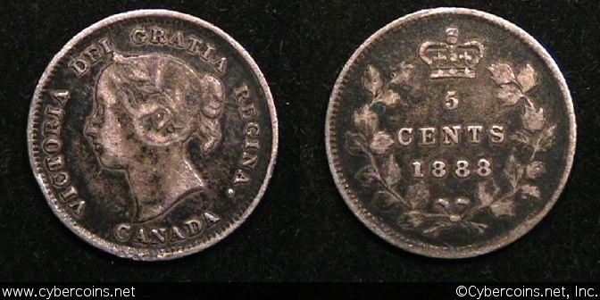 1888, Canada 5 cent, KM2, XF. Weak reverse.