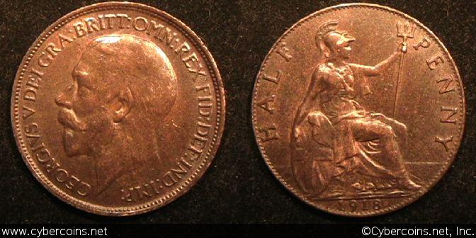 Great Britain, 1918, 1/2 Penny, AU, KM809 -