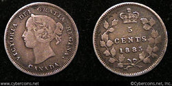 1885 large 5, Canada 5 cent, KM2, VF. Terrific