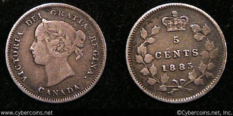 1885 large 5, Canada 5 cent, KM2, VF. Terrific