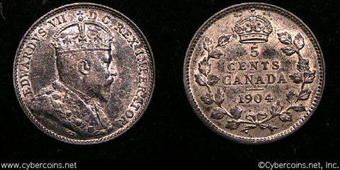 1904, Canada 5 cent, KM13, AU. Trace wear and