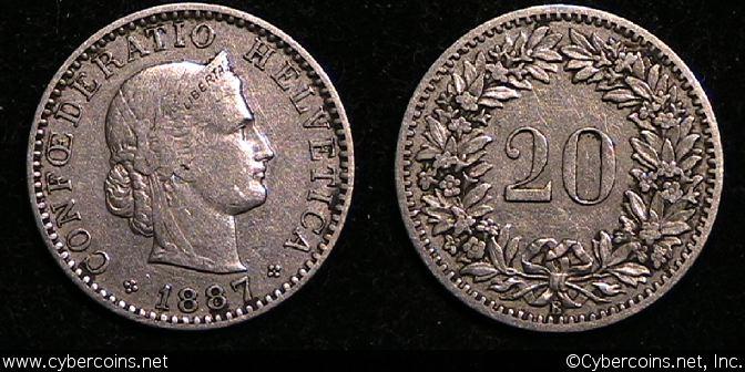 Switzerland, 1887B,  20 rappen, VF, KM29  -