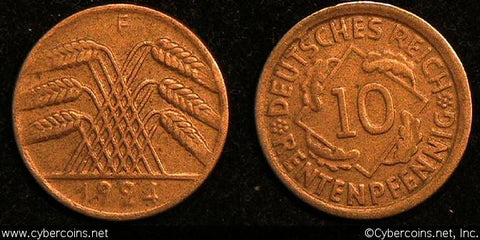Germany, 1924F,  10 reichspfennig, VF, KM40