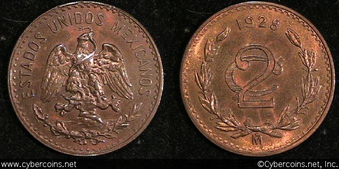 Mexico, 1928,  2 centavos, AU+, KM419. Rich
