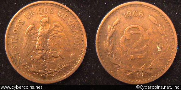 Mexico, 1906,  2 centavos, XF/VF, KM419