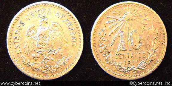 Mexico, 1911 wide date, 10 centavos,  XF, KM428