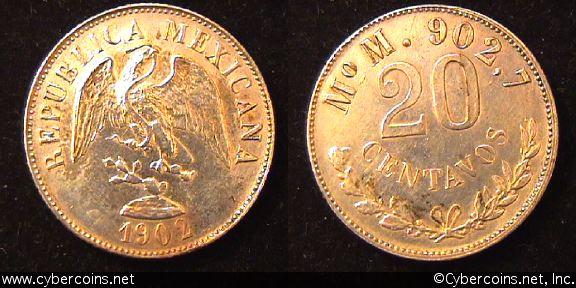 Mexico, 1902MoM, 20 centavos, AU, KM405.2
