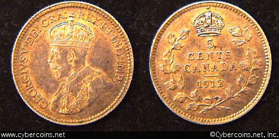 1912, Canada 5 cent, KM22, AU. Some luster