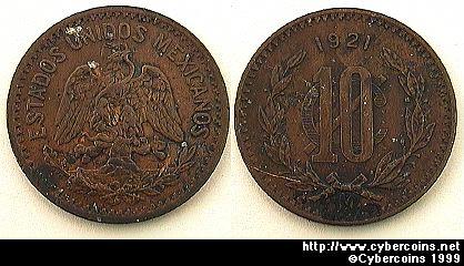 Mexico, 1921, 10 centavos,  XF, KM430