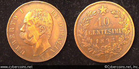 Italy, 1893, 10 centesimi,  XF, KM27.2