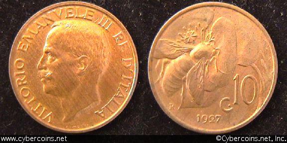 Italy, 1927R,  10 centesimi, AU, KM60