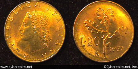 Italy, 1957R,  20 lire, BU, KM97.1