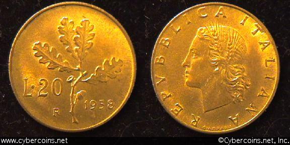 Italy, 1958,  20 lire, AU, KM97.1