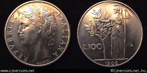 Italy, 1966,  100 lire, AU, KM96