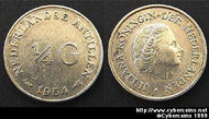 Netherlands, 1954,   1/4 gulden,  AU, KM4  - silver .640 - Antilles