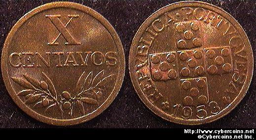Portugal, 1953, 10 centavos, UNC, KM583