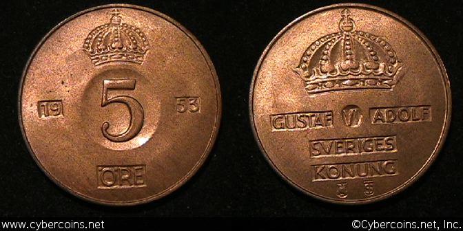 Sweden, 1953,  5 ore,  UNC, KM822