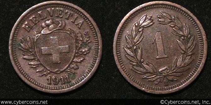 Switzerland, 1911B, 1 rappen, XF, KM3 - strong strike priced as VF 