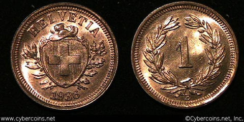 Switzerland, 1936B, 1 rappen,  UNC, KM3