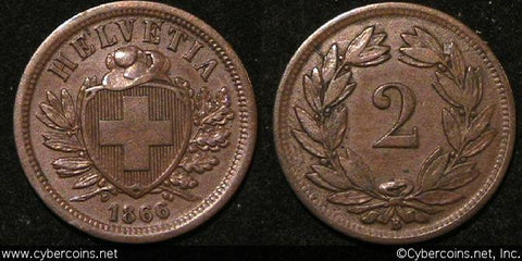 Switzerland, 1866B,  2 rappen, AU choice, KM4