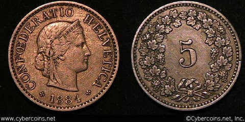 Switzerland, 1884B, 5 rappen,  XF, KM26