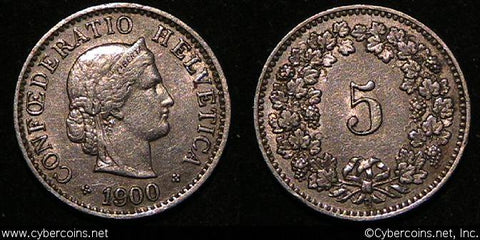 Switzerland, 1900B, 5 rappen,  XF, KM26