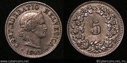 Switzerland, 1903B,  5 rappen, XF+, KM26