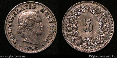 Switzerland, 1903B,  5 rappen, XF+, KM26