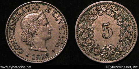 Switzerland, 1915B,  5 rappen, dirty XF, KM26
