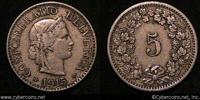 Switzerland, 1915B,  5 rappen, dirty XF, KM26