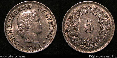 Switzerland, 1944,  5 rappen, AU, KM26