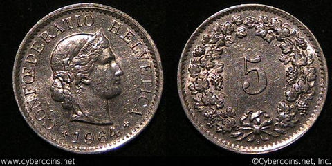 Switzerland, 1964B,  5 rappen, AU, KM26