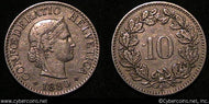Switzerland, 1880B,  10 rappen, XF, KM27