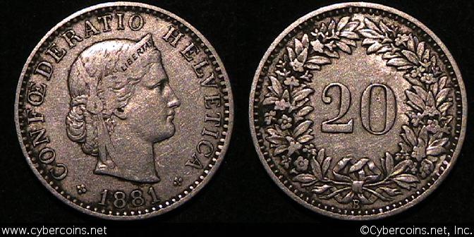 Switzerland, 1881B,  20 rappen, VF, KM29