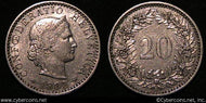 Switzerland, 1883B, 20 rappen,  XF, KM29